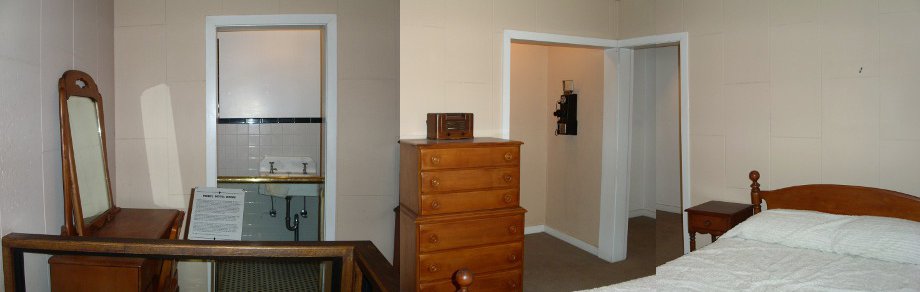 [Three photos stitched together showing bed, chest of drawers, bathroom, and telephone from 1940.]